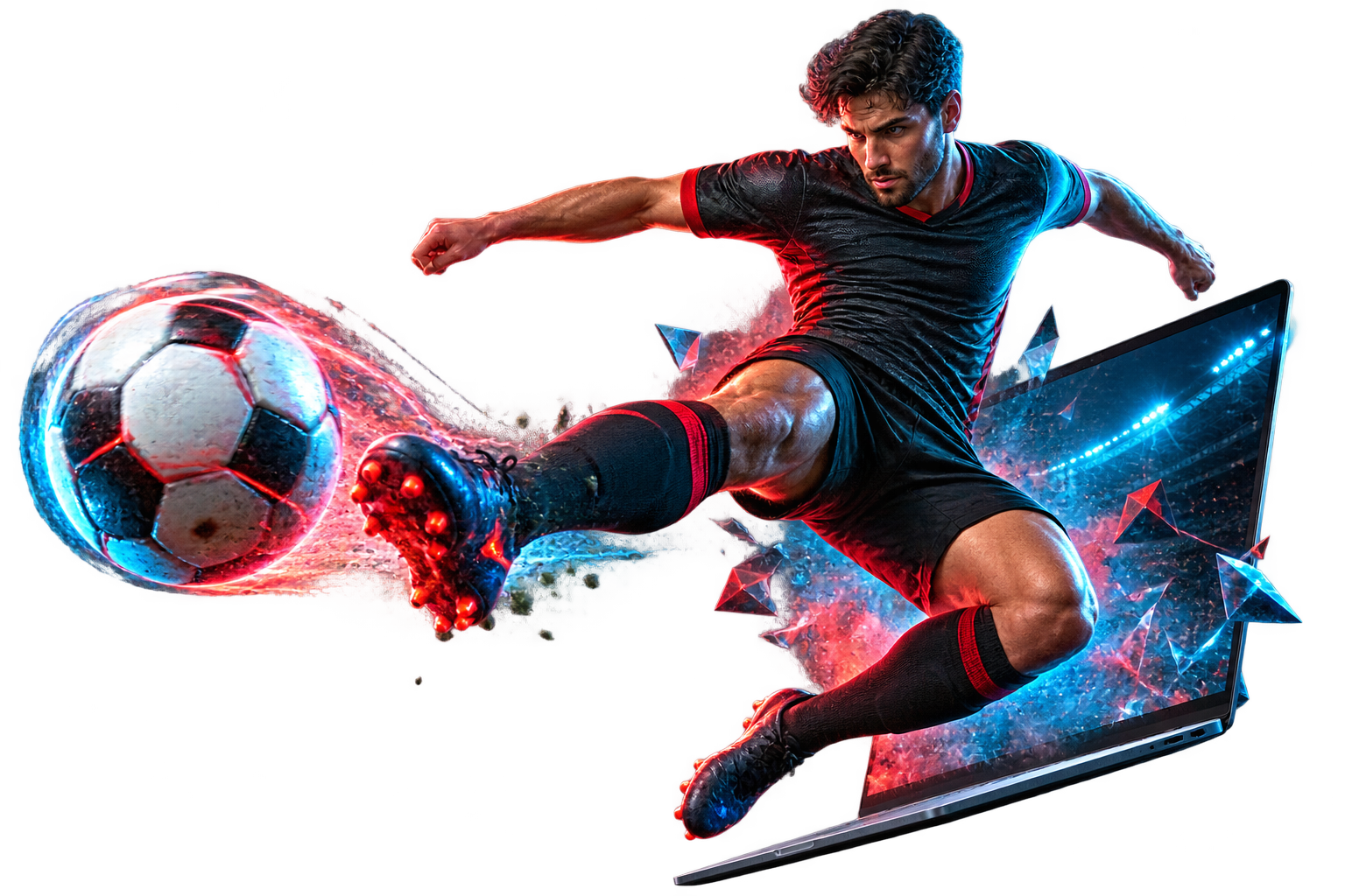 Jugador de fútbol ficticio saliendo de la pantalla del Mac
